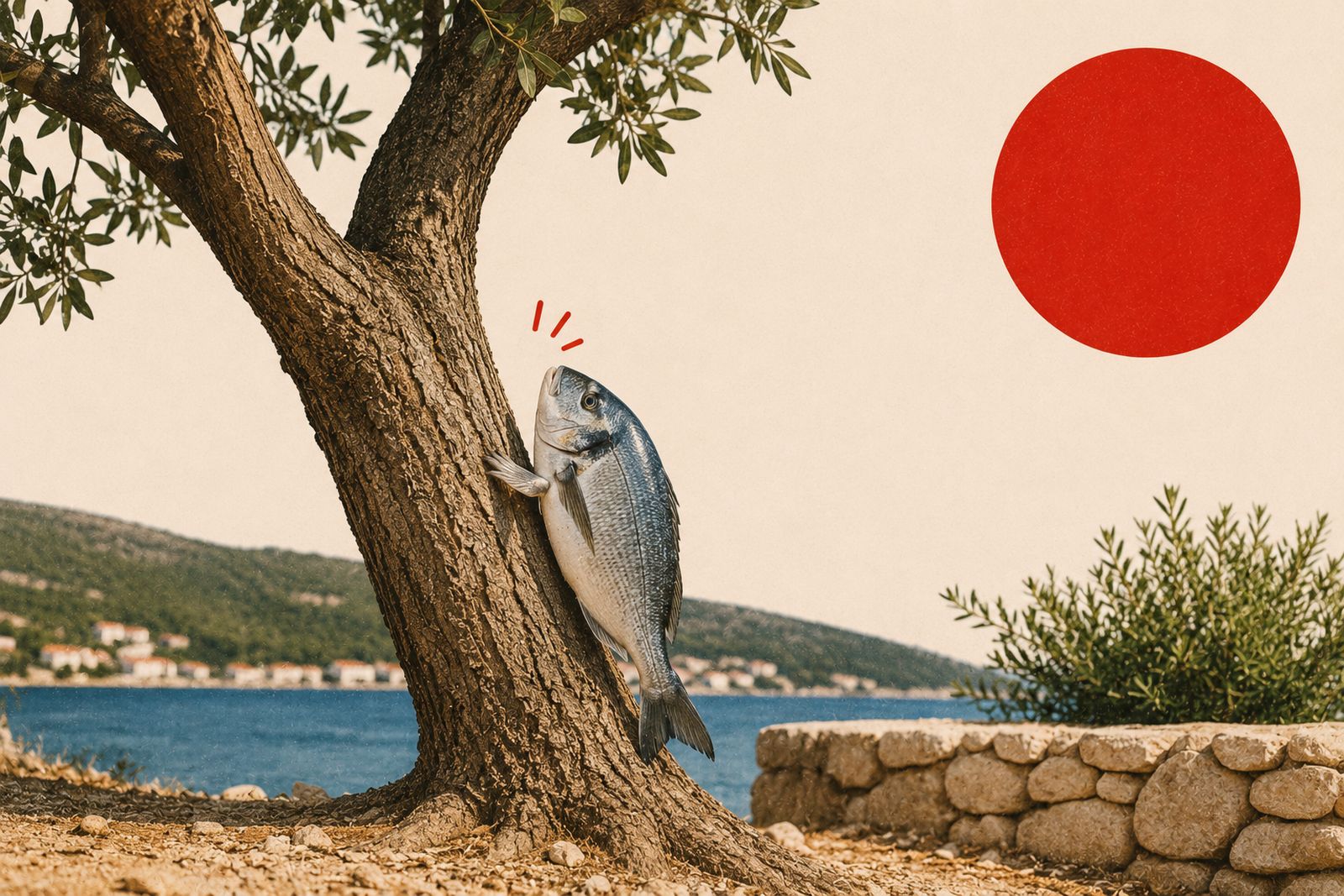 Ilustracija: riba se pokušava popeti na maslinu uz more.