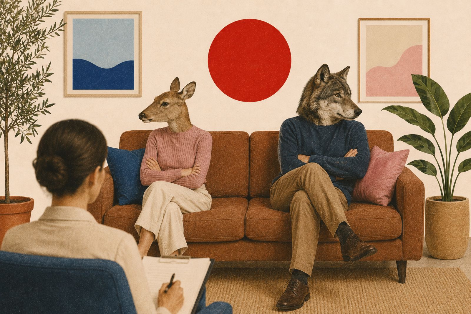 Ilustracija: srna i vuk sjede na kauču kod terapeuta, prekriženih ruku, okrenuti jedno od drugoga.